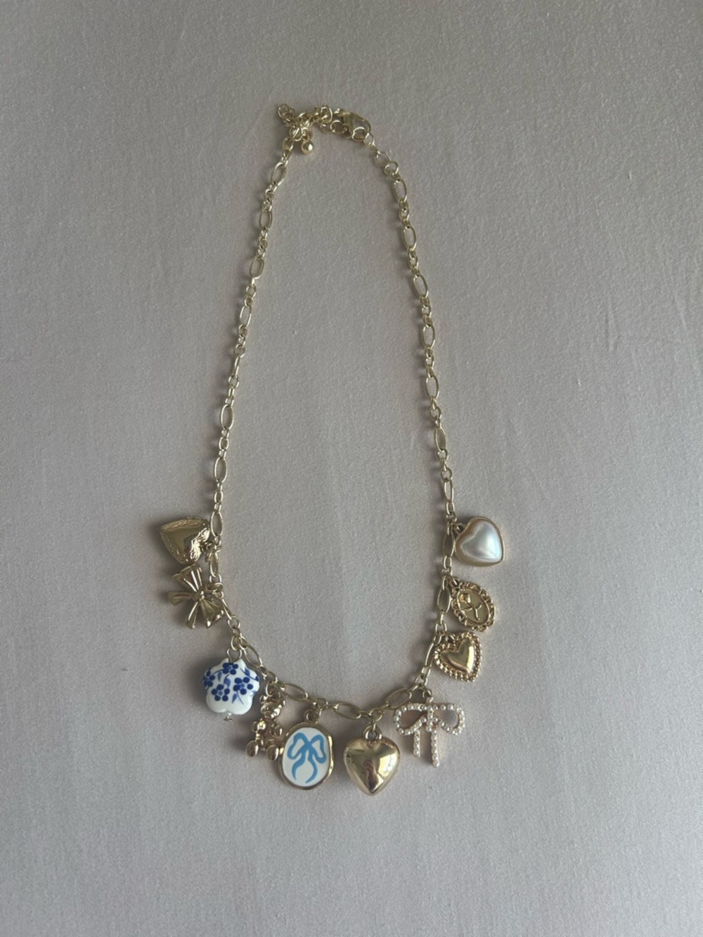 Gold Charm Necklace with Blue & White Accents - Women Jewelry